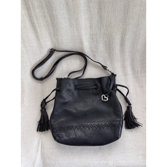 BRIGHTON Small Interlok "Arden" Crossbody Black Leather Drawstring - Picture 1 of 9